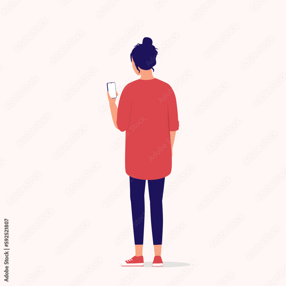 Back View Of A Young Woman Using Mobile Phone. Smart Phone. Full Length. Flat Design Style, Character, Cartoon.
