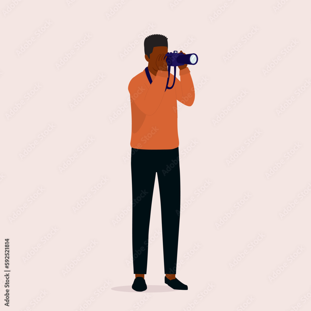 One Black Young Man Photographer Taking Photograph With Camera. Full Length. Flat Design Style, Character, Cartoon. One Black Young Man Photographer Taking Photograph With Camera. Full Length. Flat Design Style, Character, Cartoon.