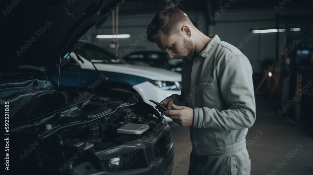Worker on a car in a garage Worker on a car in a garage