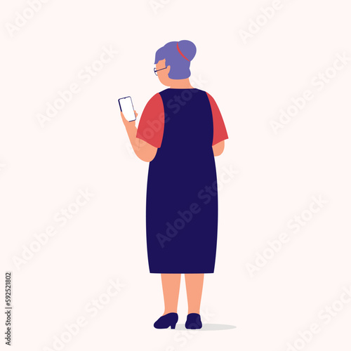 Back View Of A Senior Woman Using Mobile Phone. Smart Phone. Full Length. Flat Design Style, Character, Cartoon.