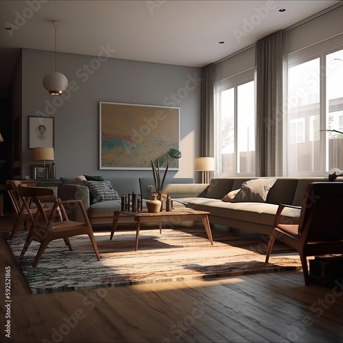 Cozy interior of living room. Sunlight shine in from windows. 3D rendering, Created using generative AI