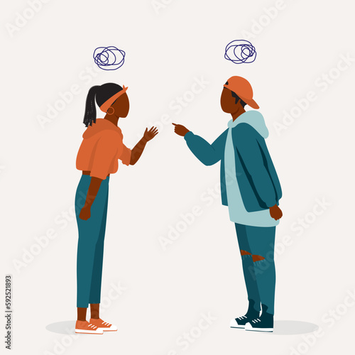 Two Black Teenager Brother And Sister Fighting With Each Other. Full Length. Flat Design Style, Character, Cartoon.