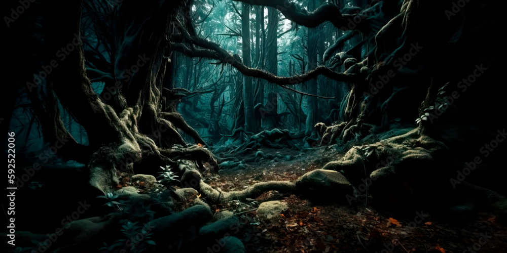 dark forest with twisted trees and deep shadows, suggesting the possibility of supernatural creatures lurking in the darkness. Generative AI