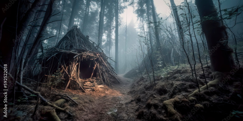 haunted forest with a ghostly apparition or a witch's hut, suggesting the possibility of magic and supernatural powers.Generative AI haunted forest with a ghostly apparition or a witch's hut, suggesting the possibility of magic and supernatural powers.Generative AI