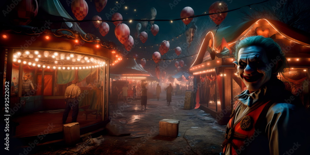 mysterious carnival with eerie clowns and a creepy carousel, evoking a sense of wonder and fear at the same time. Generative AI