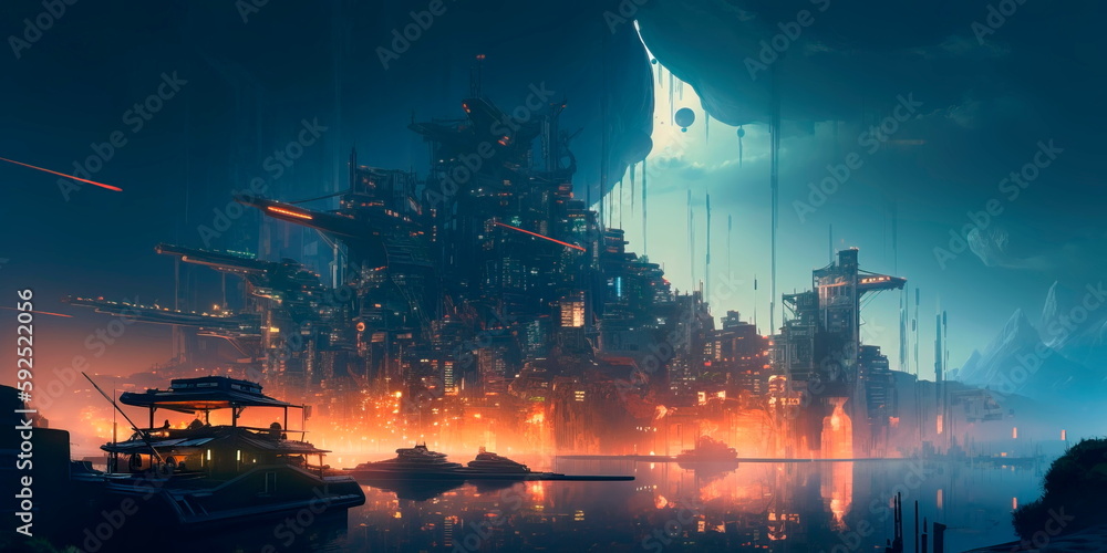 otherworldly city with floating buildings and glowing neon lights Generative AI otherworldly city with floating buildings and glowing neon lights Generative AI