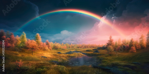 mystical landscape with a rainbow-colored aurora borealis lighting up the sky Generative AI