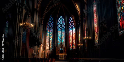 gothic cathedral with stained glass windows and intricate architecture, conveying a sense of grandeur and mystery. enerative AI