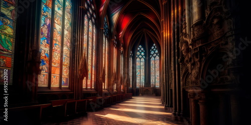 gothic cathedral with stained glass windows and intricate architecture  conveying a sense of grandeur and mystery. enerative AI