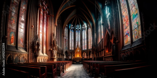 gothic cathedral with stained glass windows and intricate architecture, conveying a sense of grandeur and mystery. enerative AI © Лилия Захарчук