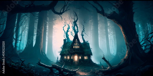 haunted forest with a ghostly apparition or a witch's hut, suggesting the possibility of magic and supernatural powers.Generative AI