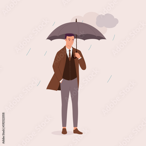 One Smiling Young Man In Brown Coat Holding An Umbrella On A Rainy Day With Dark Clouds. Full Length. Flat Design Style, Character, Cartoon.