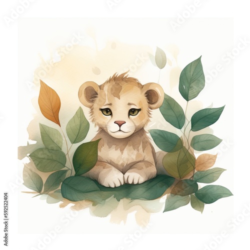 Cute lion sitting on the grass with leaves Generative Ai