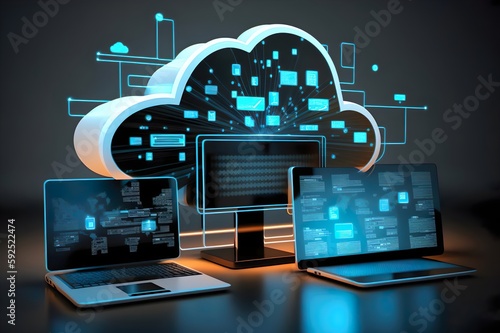 Computers network connected to a cloud server created with generative ai technology