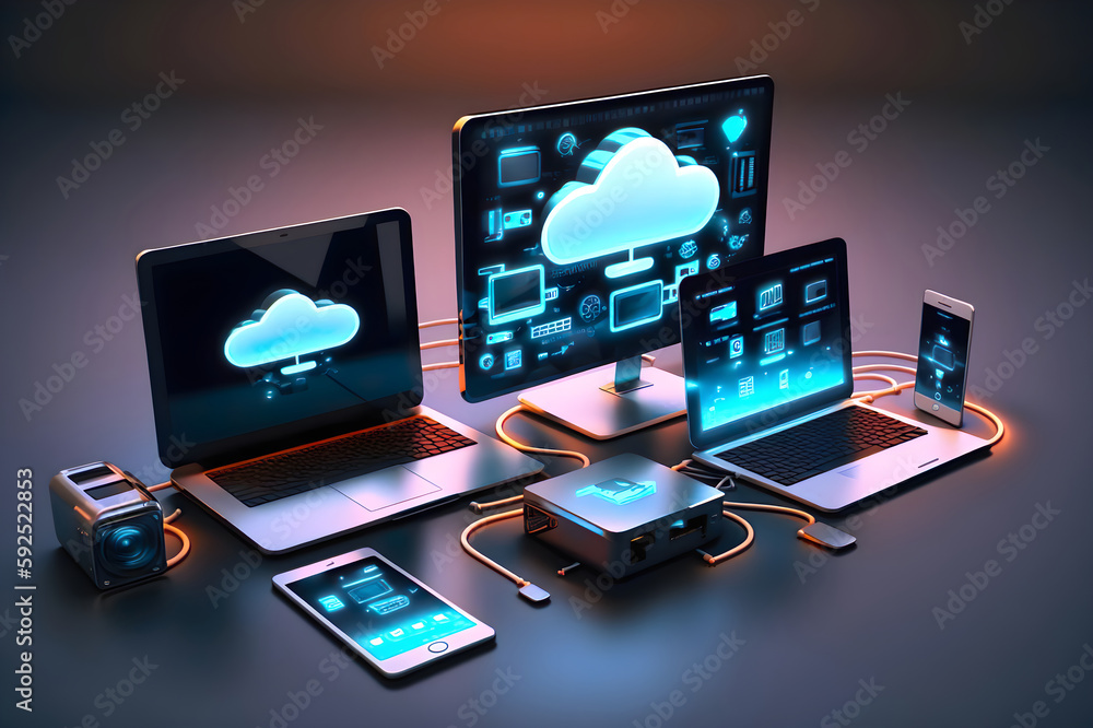 Computers network connected to a cloud server created with generative ai technology Computers network connected to a cloud server created with generative ai technology
