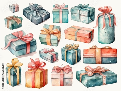 Gift boxes collection. Hand drawn watercolor gift box set isolated on white background with design elements. generative ai