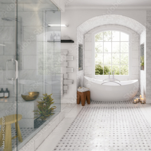 Sanierung eines Altbau-Badezimmers mit moderner Innenausstattung und Dekoration - 3D-Visualisierung