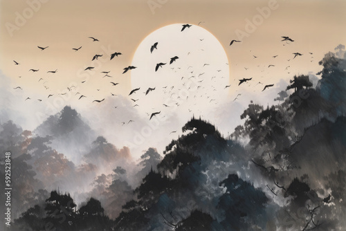 The moon emerges, startling the birds in the mountains