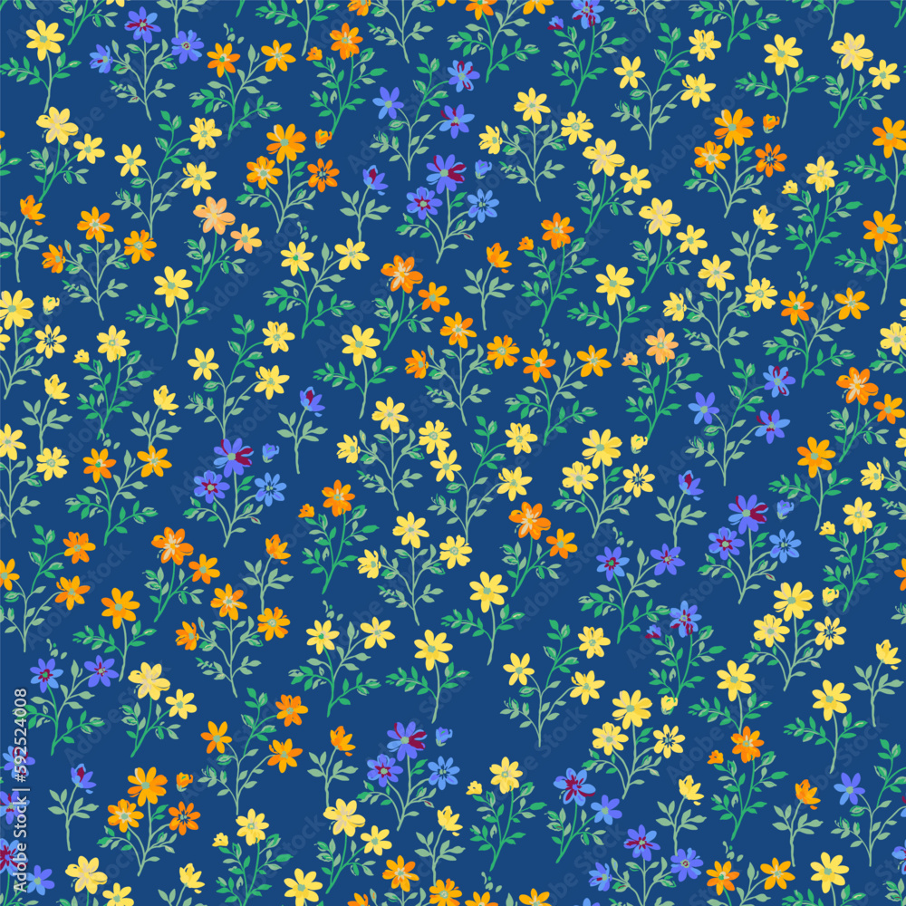 Seamless pattern with small blooming yellow, orange, blue flowers on a dark blue background. Seamless pattern with small blooming yellow, orange, blue flowers on a dark blue background.