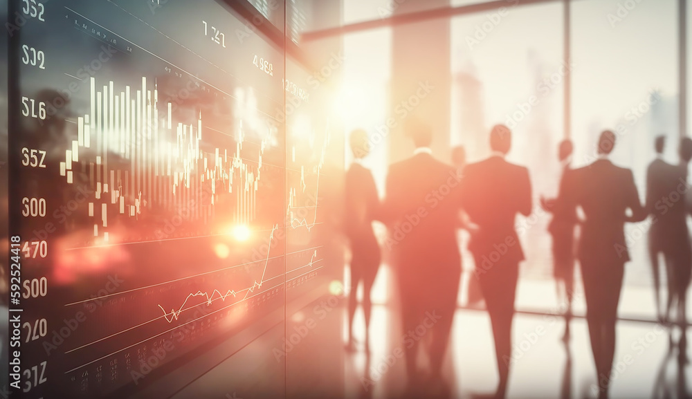 Blured business people in stock market white and glass office with big monitor of stock market number running and graph on wall, fast moving, AI generative Blured business people in stock market white and glass office with big monitor of stock market number running and graph on wall, fast moving, AI generative