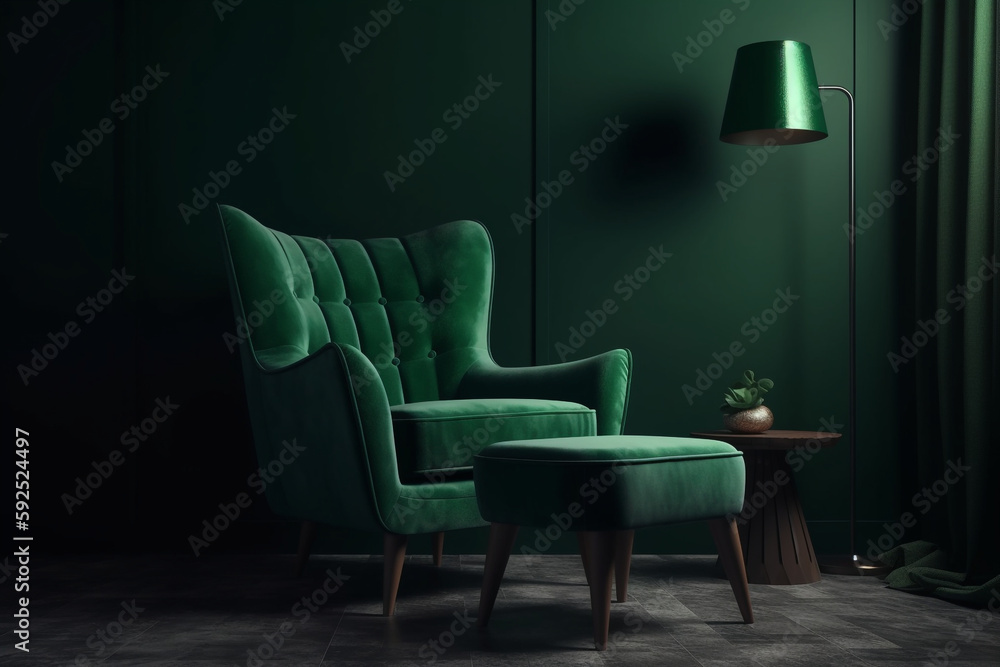 lamp green armchair with footrest in living room on dark green wall background,  Generative AI	
