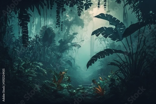 Fantasy dark forest with ferns and a water stream.