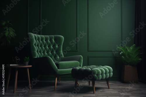 two chairs and table Green armchair with footrest in living room on dark green wall background, Generative AI