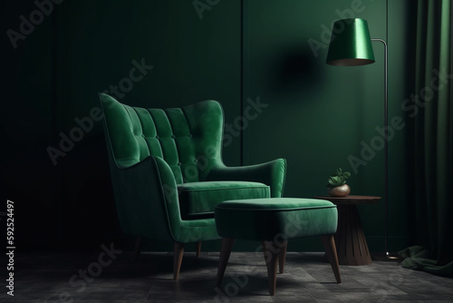 lamp green armchair with footrest in living room on dark green wall background, Generative AI 