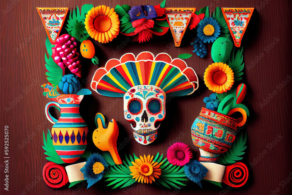 Cactus wearing a mexican sombrero hat. Cinco de mayo celebration background. Generative Ai