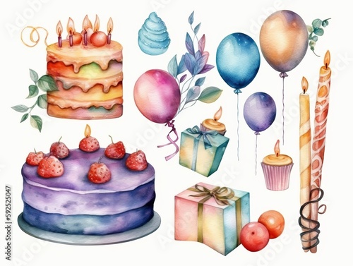 Cake and dessert pie collection. Hand drawn watercolor cake for birthday anniversary  valentine s day and wedding set isolated on white background with design elements. generative ai