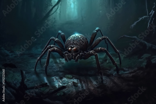scary big spider in foggy forest at night. Generative AI illustration © alexkoral