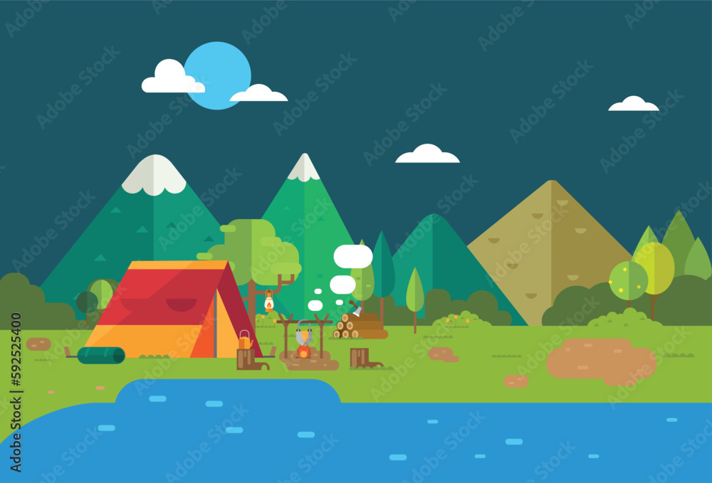 Hiking and camping landscape. vector illustration