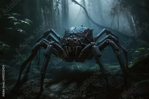 scary big spider monster in foggy forest at night. Phobia of spiders. Generative AI illustration © alexkoral