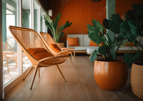 A modern light green plant wood summer beach house with furniture and a relaxation orange interior, Generative AI