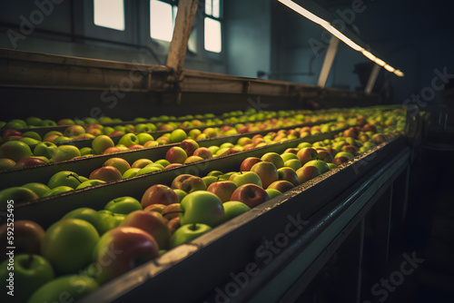 Transport of freshly harvested apples in a food factory for sale or production of puree, juice, dried fruit. Generative AI