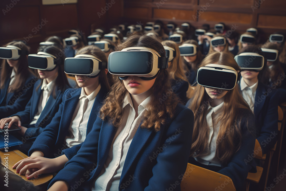 Lot of crowd of students and pupils in virtual reality glasses are sitting in the auditorium at their desks at the university seminary. Generative AI Lot of crowd of students and pupils in virtual reality glasses are sitting in the auditorium at their desks at the university seminary. Generative AI