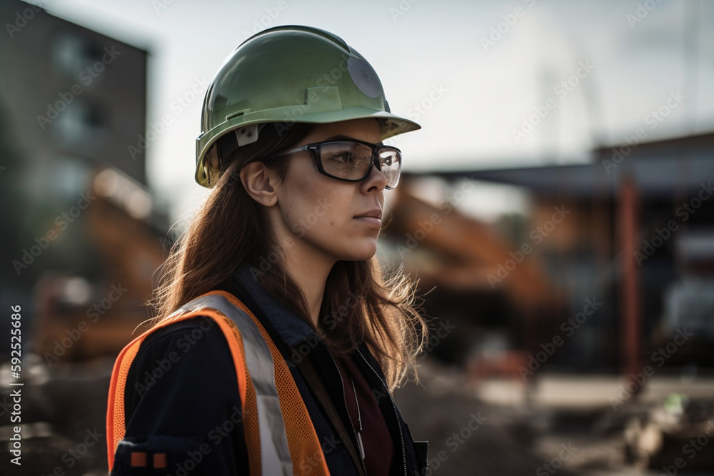 Portrait of female engineer in safety vest with helmet on a construction site. Gnereative ai.