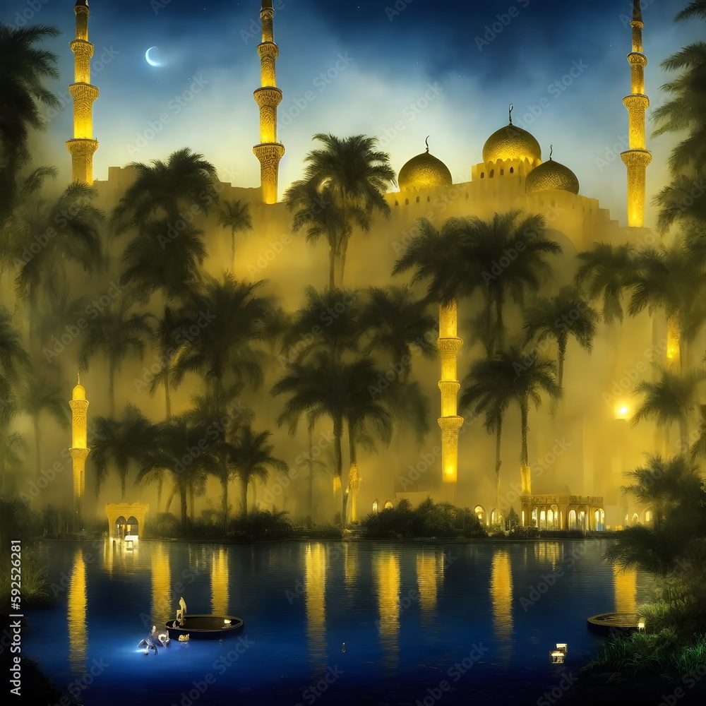 Brush painting art, Mosque glowing in the night by many lamp with pond in front of it reflecting the light. Designed by generative ai.