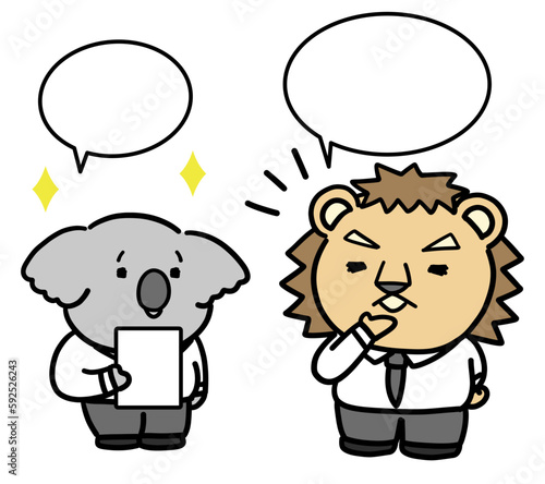 説明をするコアラとライオンの会社員