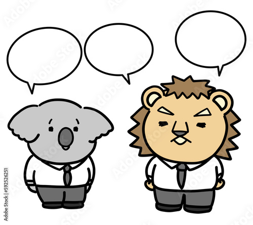 会話をするコアラとライオンの会社員