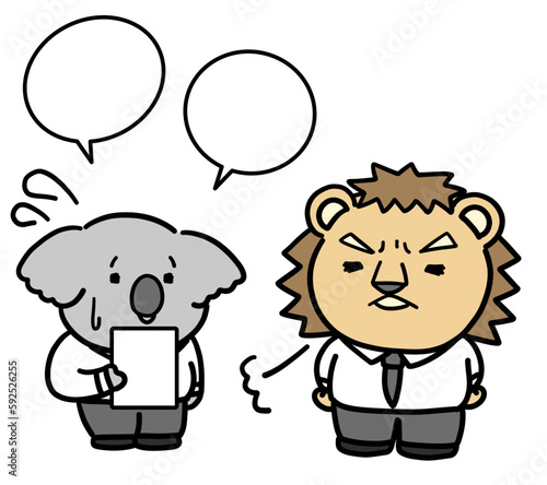 説明をするコアラとため息をつくライオンの会社員