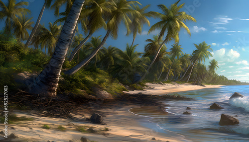 A beautiful beach scene with palm trees and a body of water. The scene is peaceful and relaxing