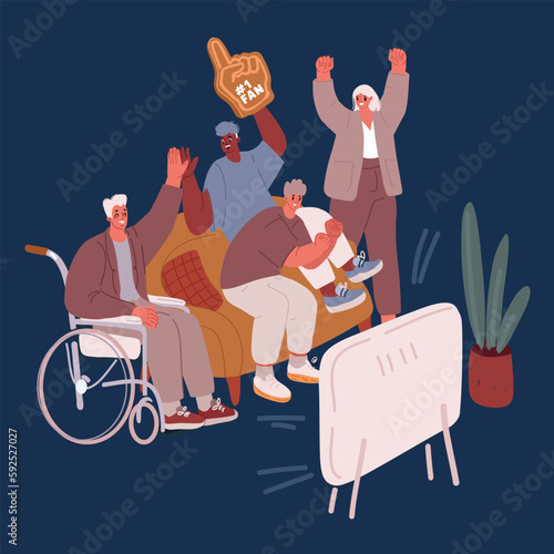 Cartoon vector illustration of Football on TV, fan in wheelchair. Football championship and support group. People watch sports show