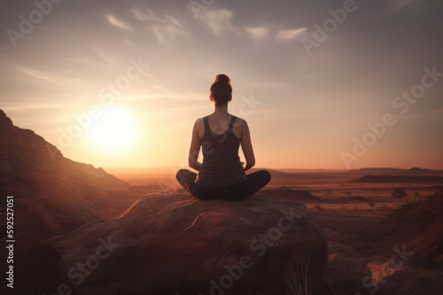 Woman in lotus pose does yoga at sunset. Silhouette of a woman meditating on the mountain, calm scene. Generative ai illustration