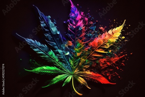 Generative AI of marijuana foliage surrounded by colorful hues of smoke concept for vibrant ganja leaf illustrations, psychedelic cannabis art gallery, herbal medicine for alternative healing