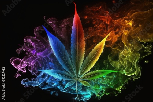 Generative AI of ganja leaf immersed in a whirl of multicolored smoke concept for vibrant marijuana art and creativity, hashish and the seventies revolution, colourful cannabis culture and lifestyle