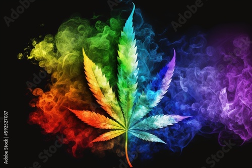 Obraz na płótnie Generative AI of colorful rainbow-infused fumes encircling a cannabis leaf concept for pastel colours in hallucinogenic art, rainbow psychedelic smoke, medicinal herb guide for holistic health w salonie