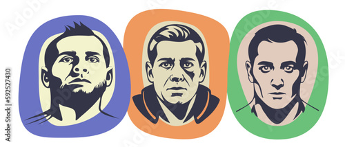 Vector set of serious men portraits. Human male faces. Colored figures. Stickers, icons or logos. White isolated background.