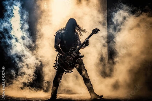 heavy metal guitarist, playing solo on stage, surrounded by smoke and lights, created with generative ai