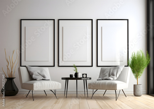 A room three blank white wall frames mockup, Generative AI photo